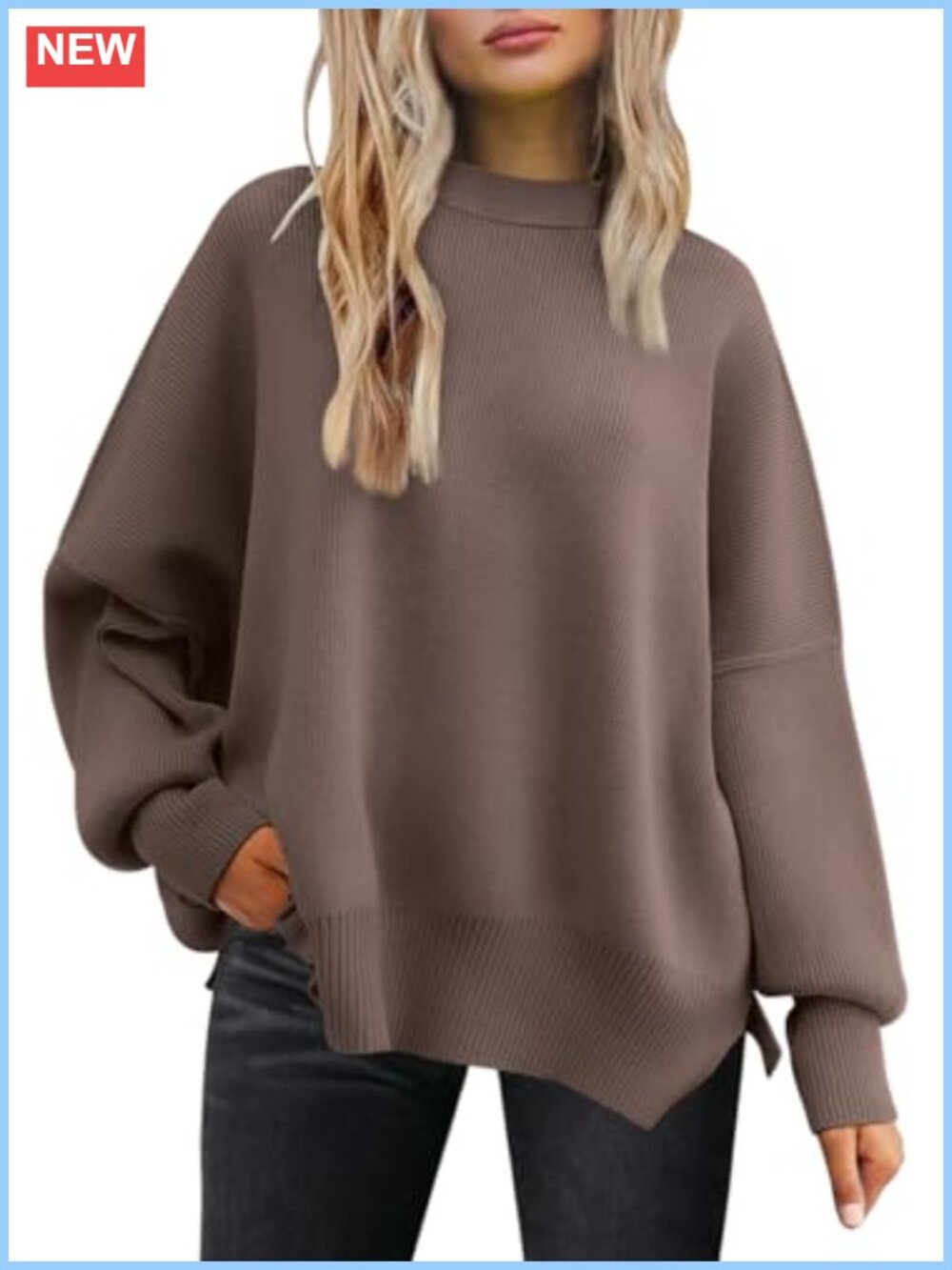 Oversized Batwing Knit Sweater Pullover Tunic Top with Side Slits